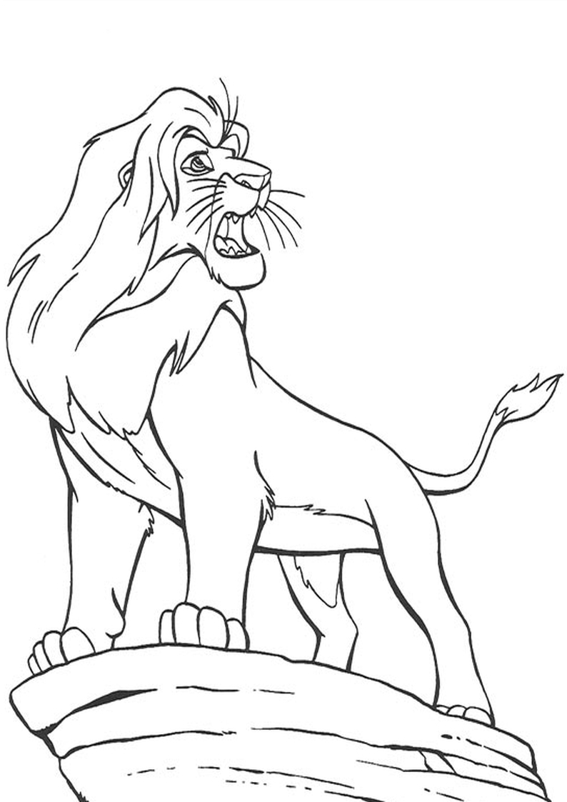 kolorowanka ryczący na skale Simba z bajki Król Lew Disney, dla dzieci malowanka do wydruku numer 11
